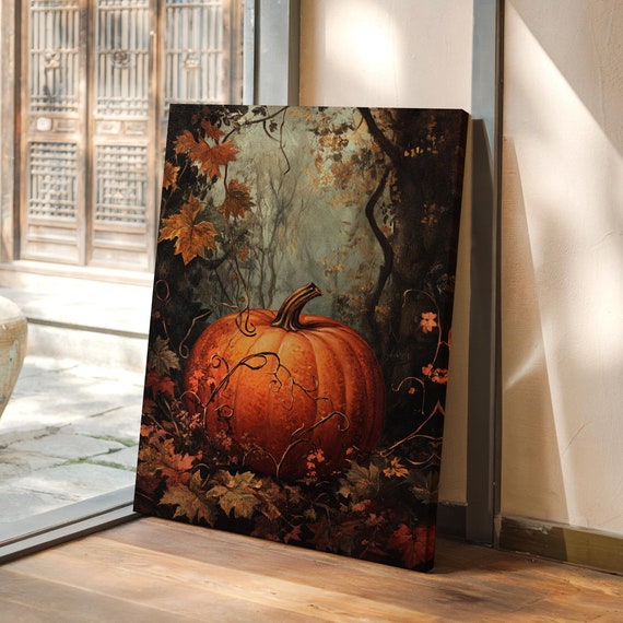 Rustic Autumn Pumpkin Art Print, Fall Leaves Charm