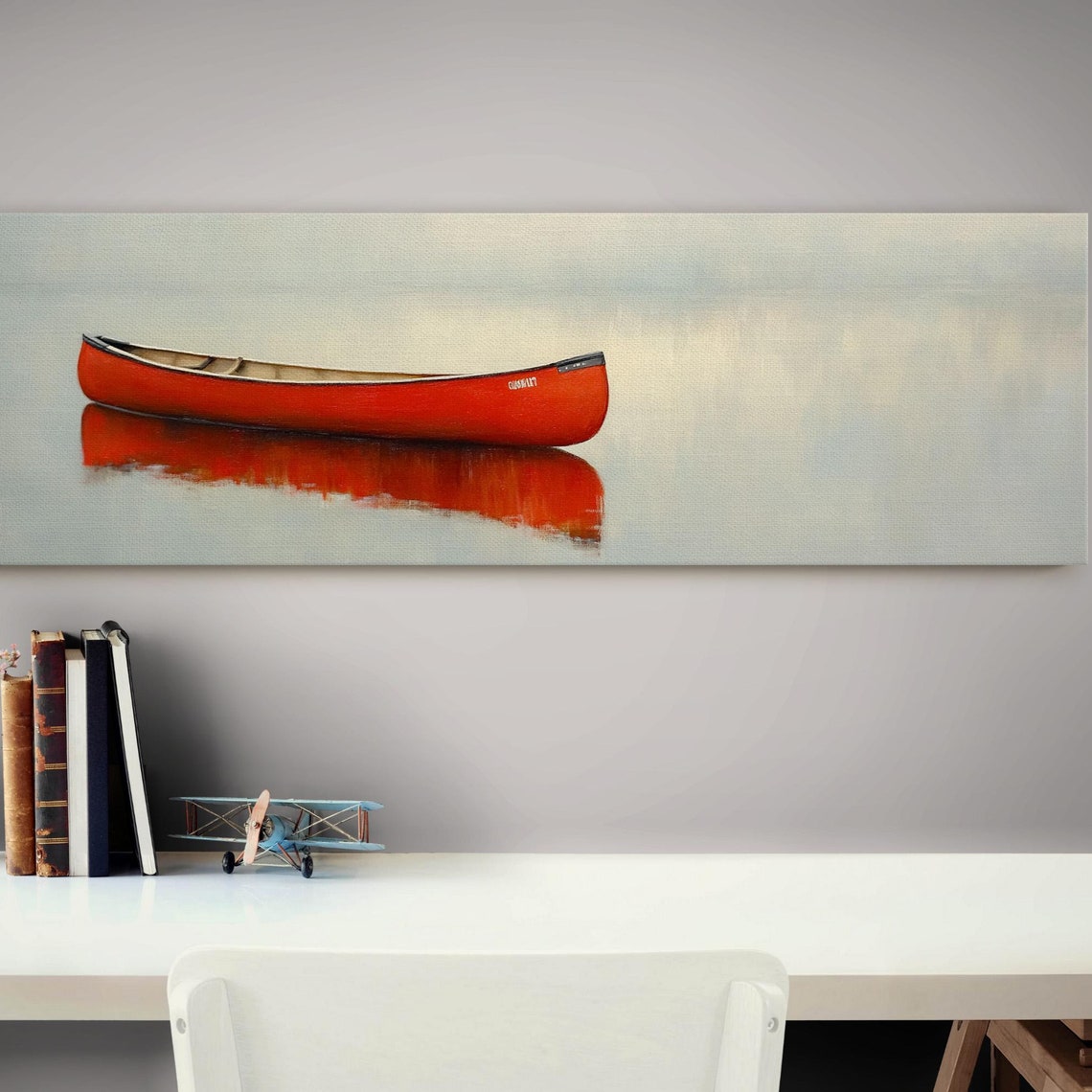 Red Canoe Misty Lake Serene Gray Blue Minimalist Water Poster - Image 7