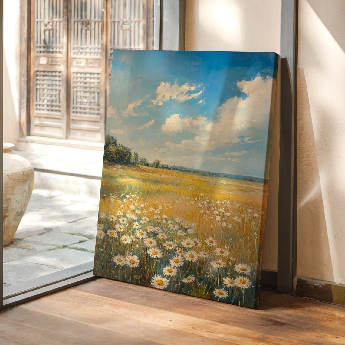 Daisy Field Under Bright Blue Sky With Clouds Summer Meadow Poster