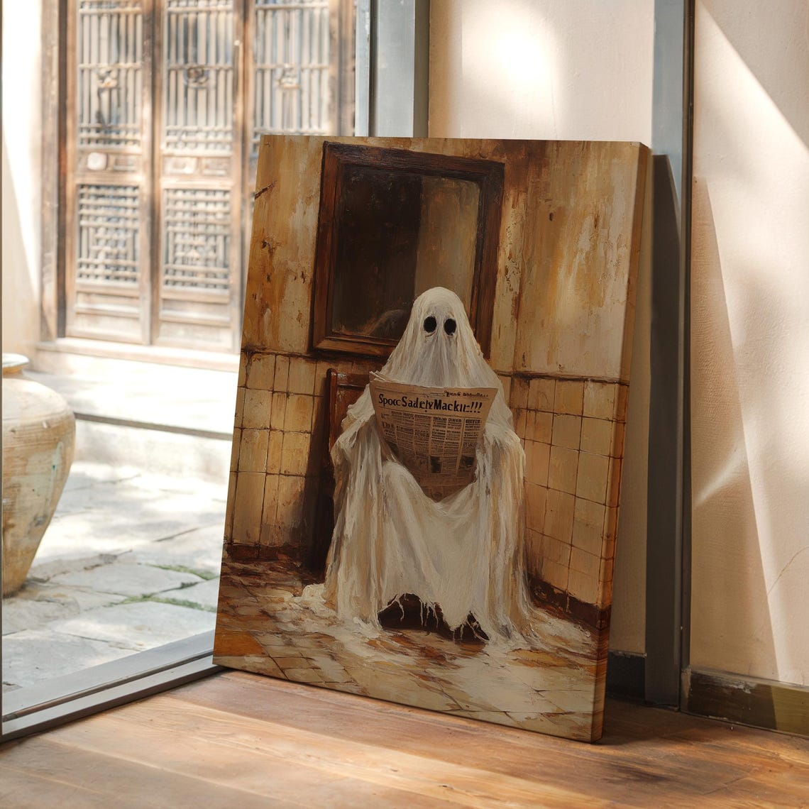 Funny Ghost Reading Newspaper In Bathroom Spooky Gothic Art Poster