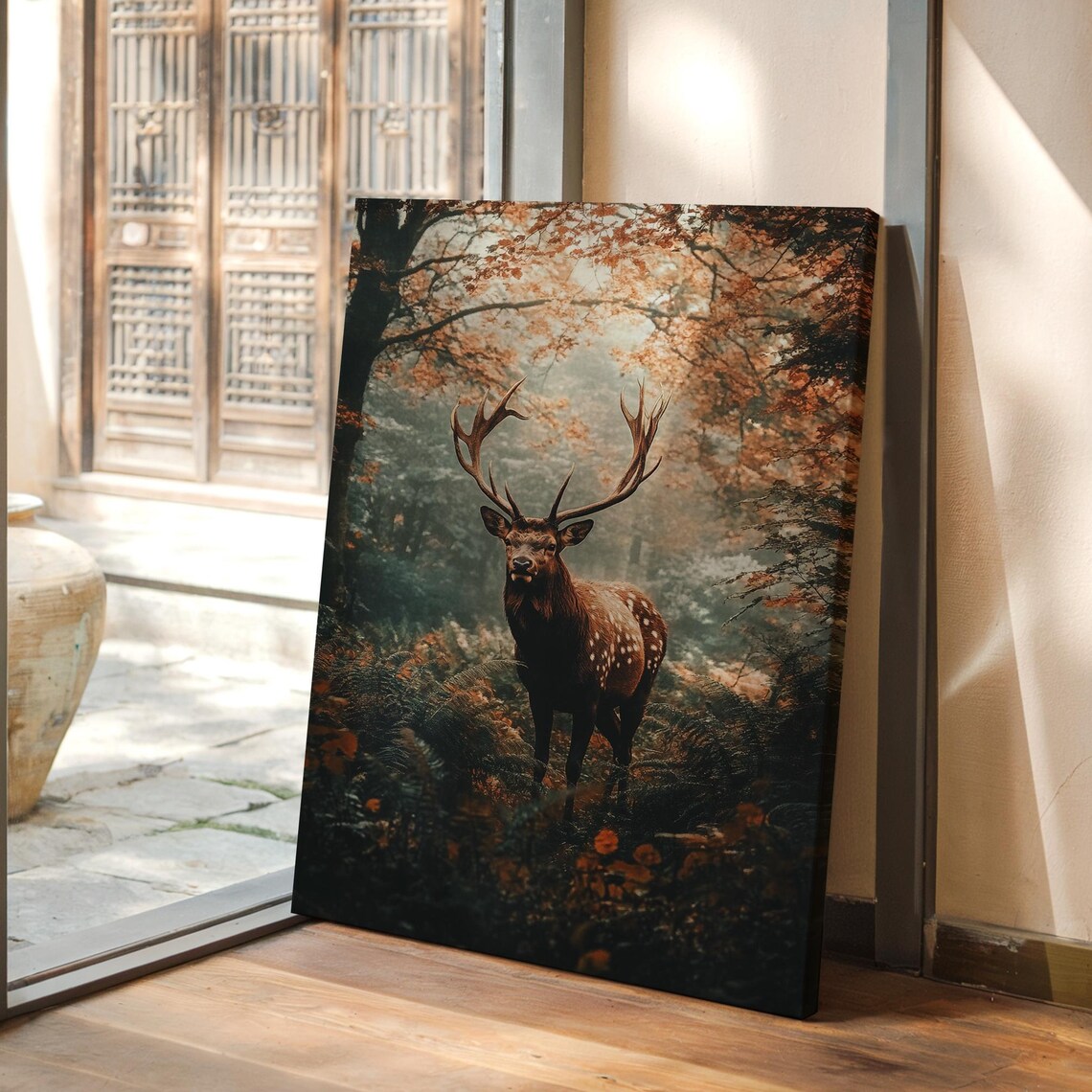 Standing Deer in Misty Autumn Forest Moody Wildlife Art Poster