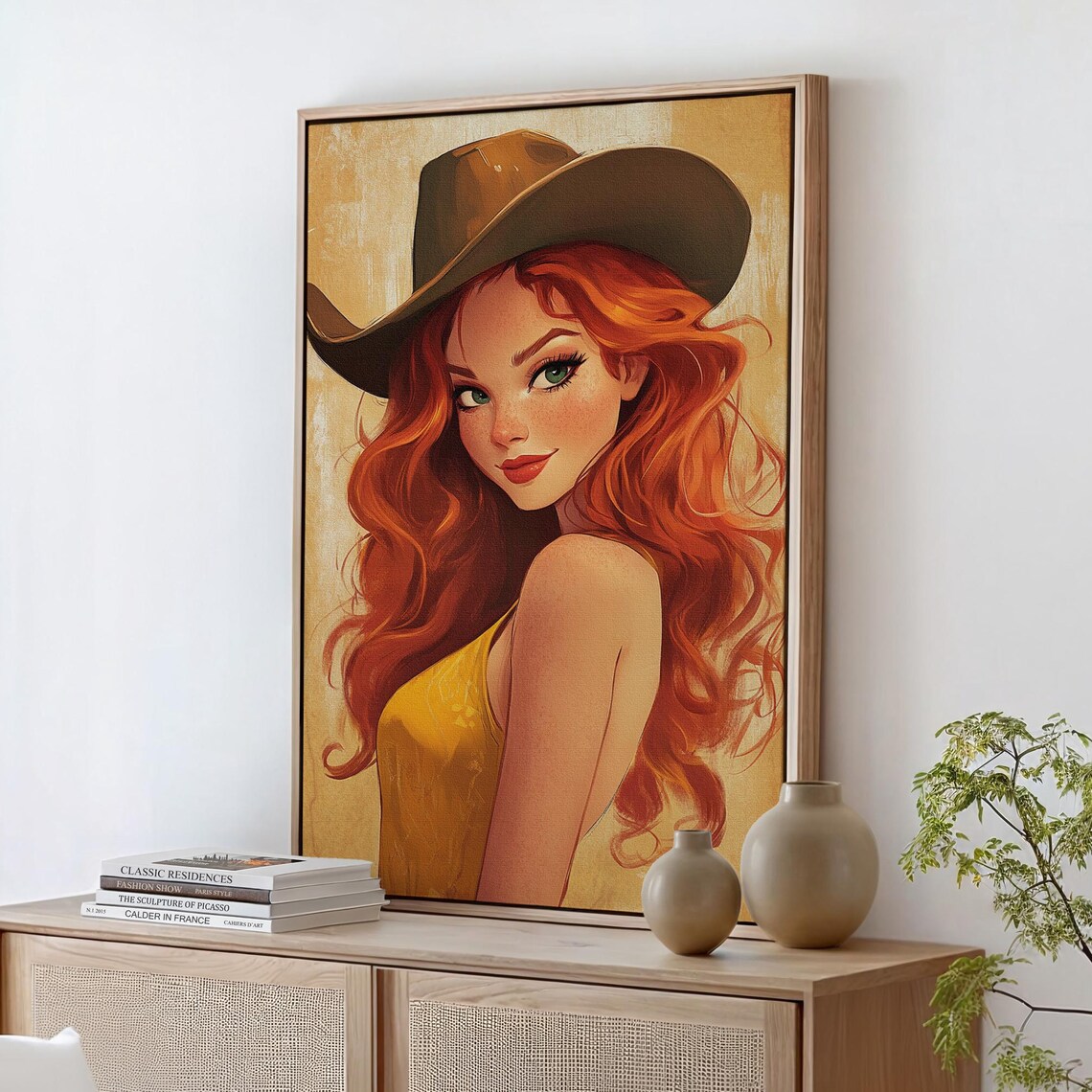 Redhead Cowgirl Yellow Dress Cowboy Hat Whimsical Western Art Poster