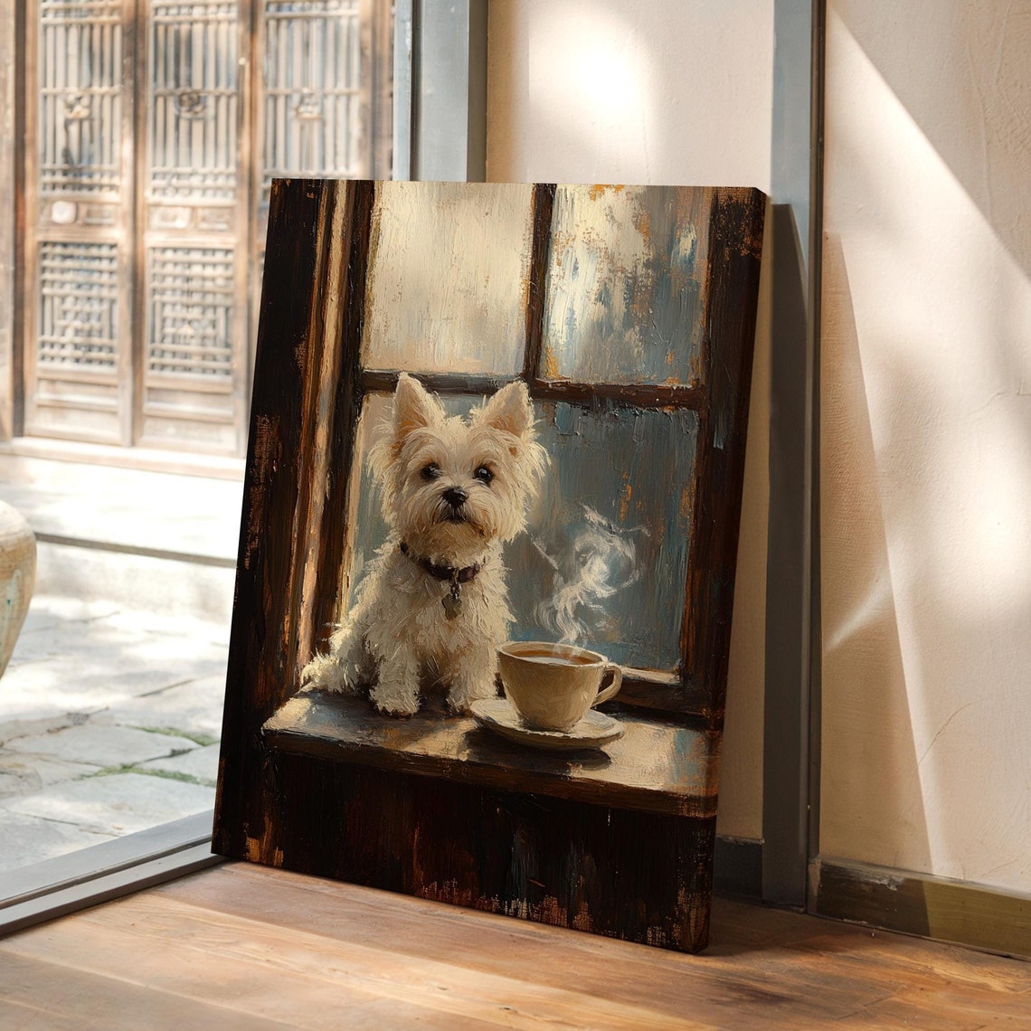 West Highland Terrier Puppy By Rustic Window With Coffee Wall Art
