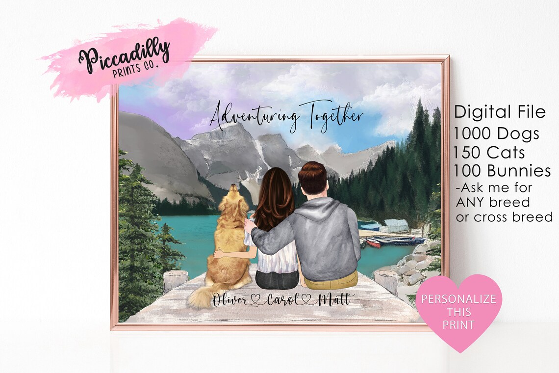 Custom Adventure Couple With Dog, Mountain Lake Print