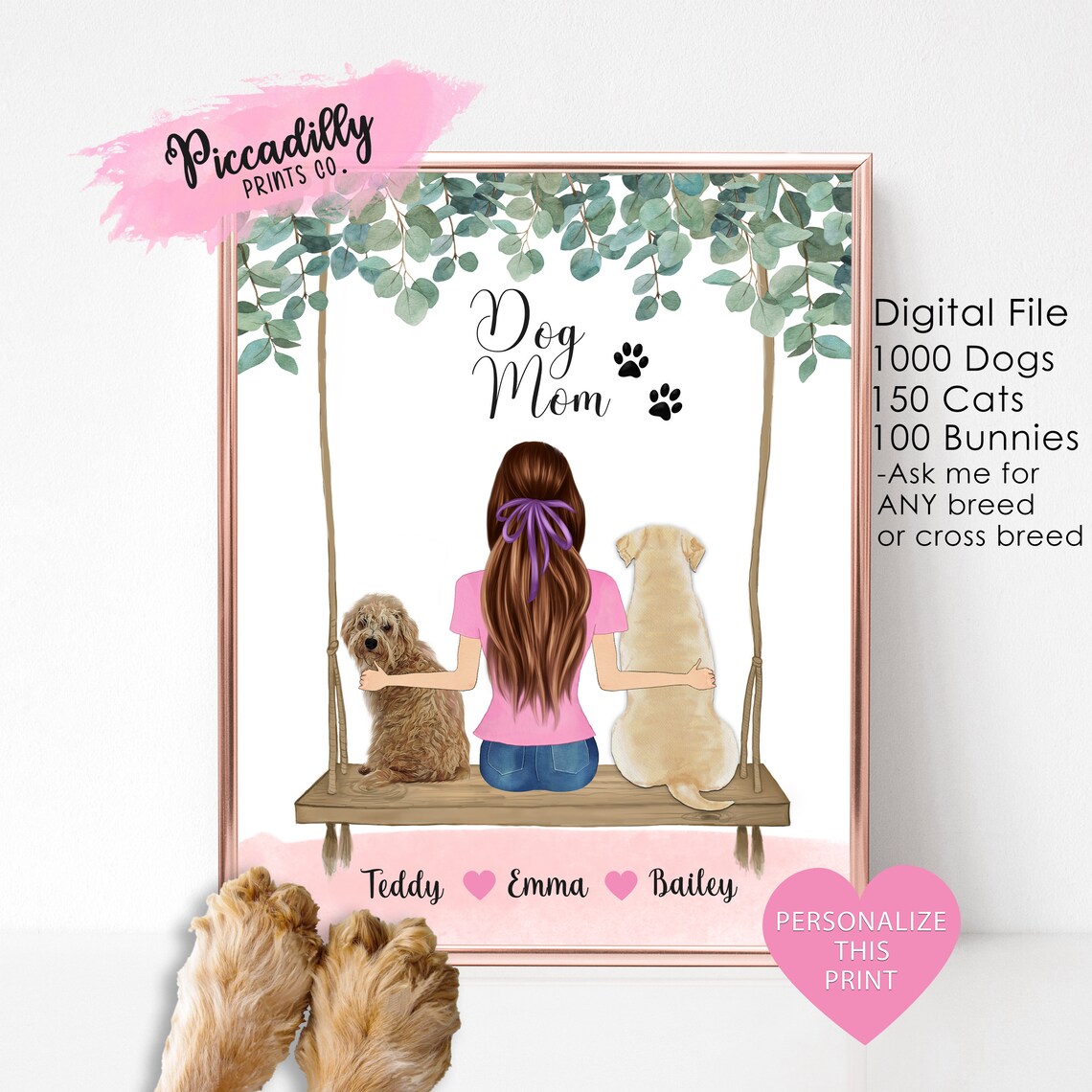 Custom Dog Mom Portrait, Personalized Pet Loss Print