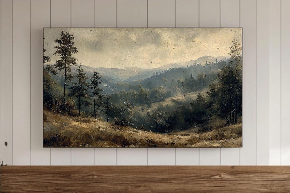 Serene Misty Mountain Pine Forest Vintage Landscape Painting Poster