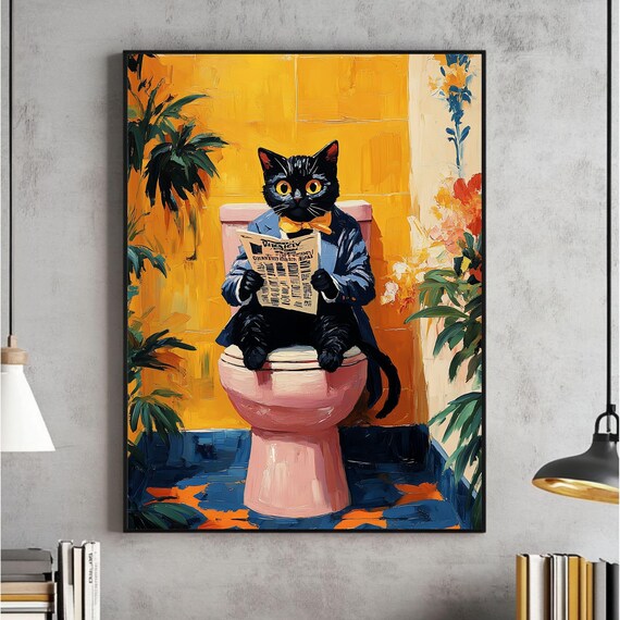 Black Cat In A Suit Reading The Paper On A Pink Toilet Poster