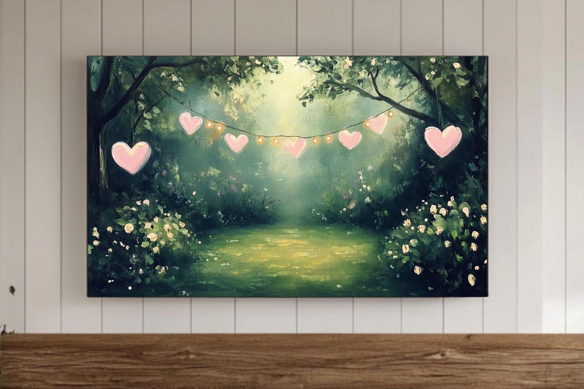 Misty Forest Garden With Heart Garland Lights Dreamy Art Poster