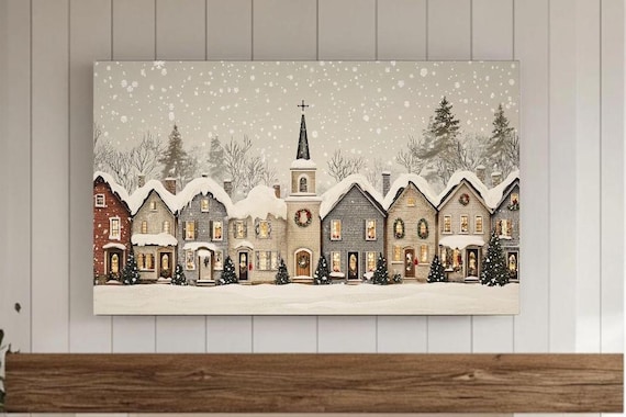 Snowy Village Church With Wreaths Under Falling Snow Holiday Poster