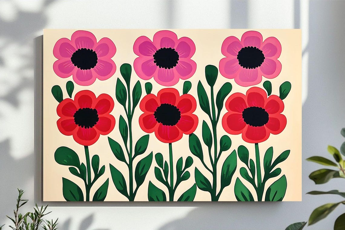 Bold Pop Art Flowers Pink Red Blooms Retro Floral Wall Poster