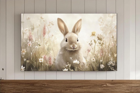 White Bunny In A Soft Beige Wildflower Meadow Springtime Poster