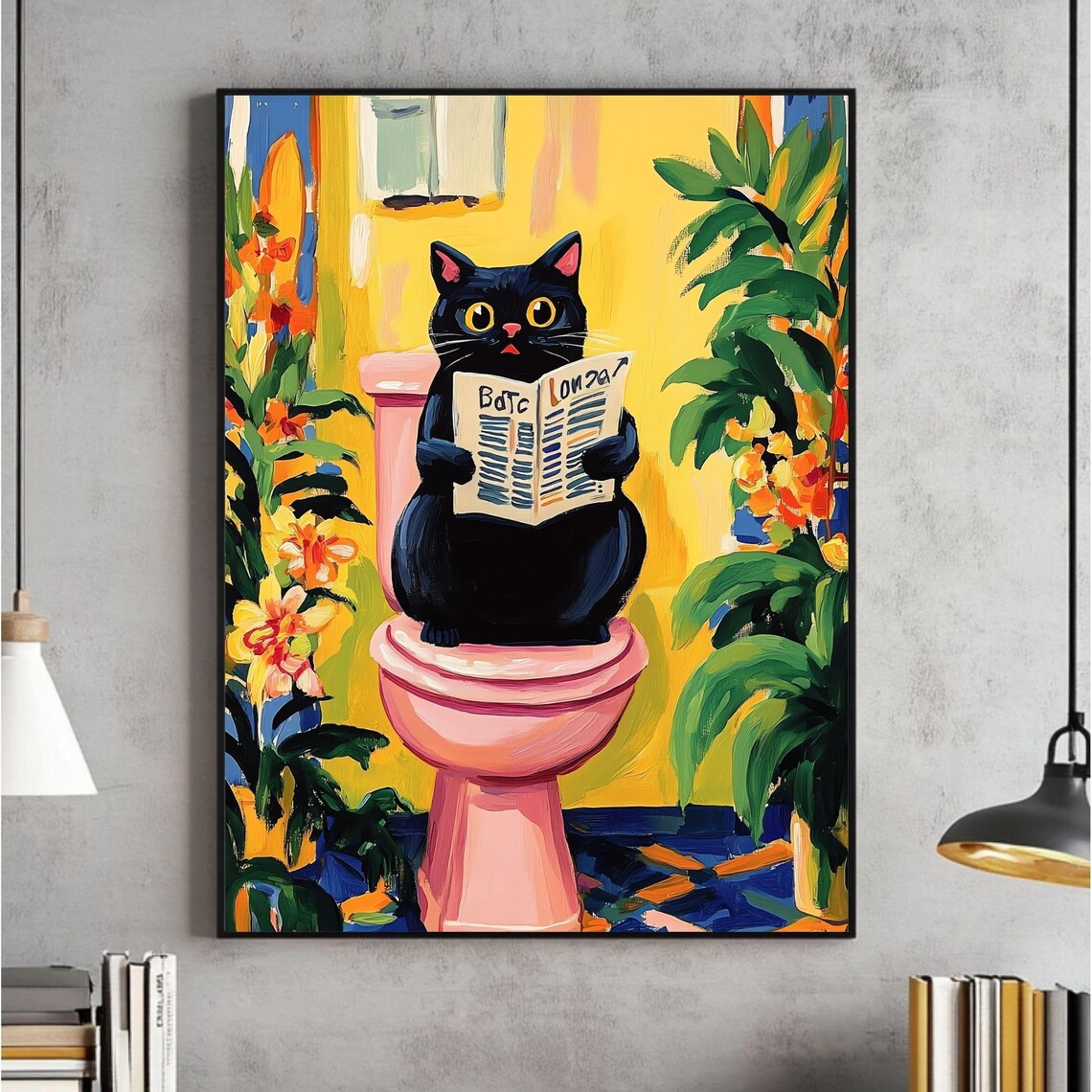 Black Cat With Newspaper On A Pink Toilet Floral Scene Poster