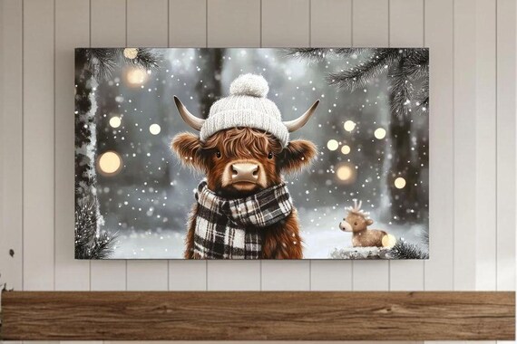 Baby Highland Cow And Little Reindeer In Snowy Winter Scene Poster