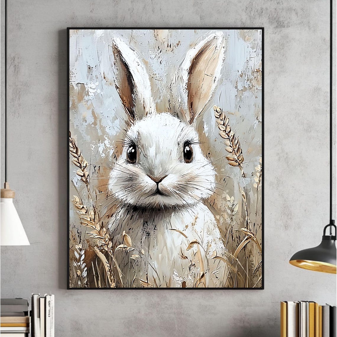 Sweet White Rabbit Peeking Through Wheat Field Painting Poster