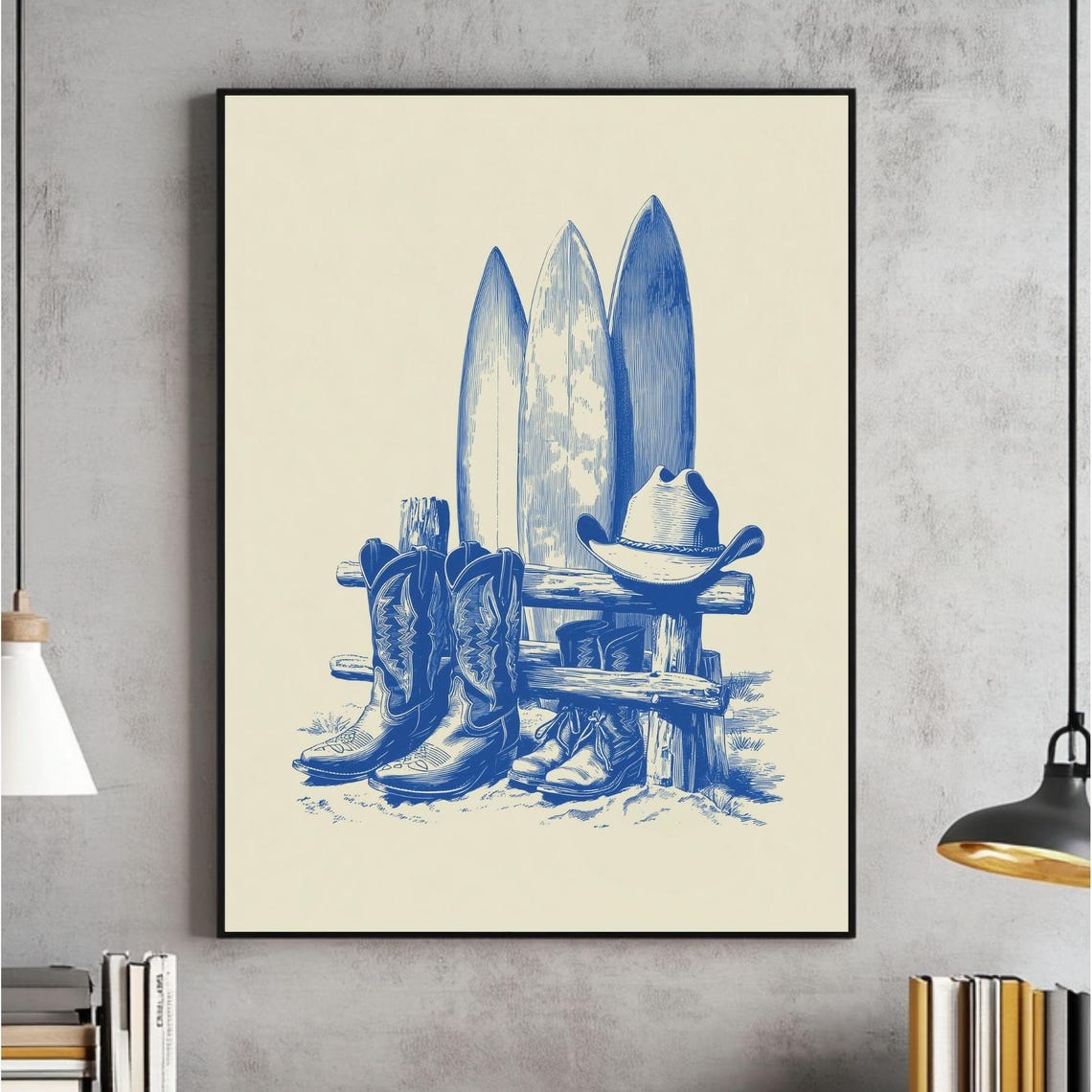 Coastal Cowboy Surfboards Cowboy Boots and Hat Western Poster