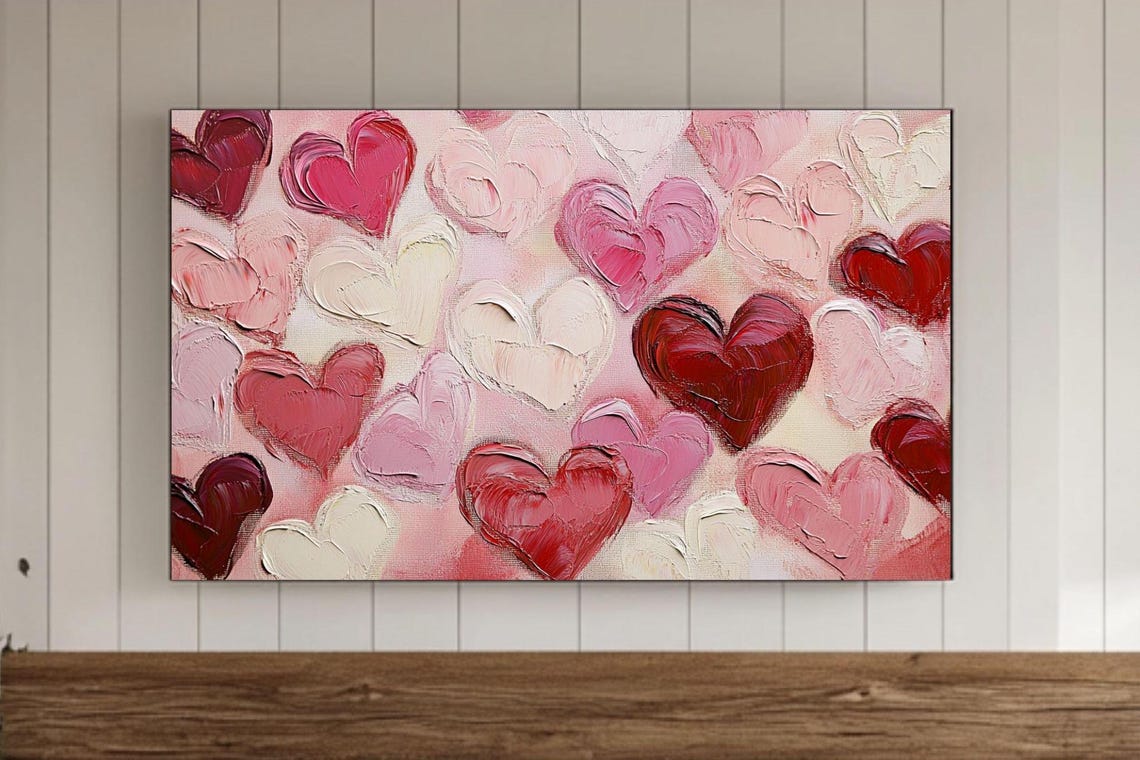 Deep Red Magenta Impasto Hearts Bold Romantic Love Painting Wall Art