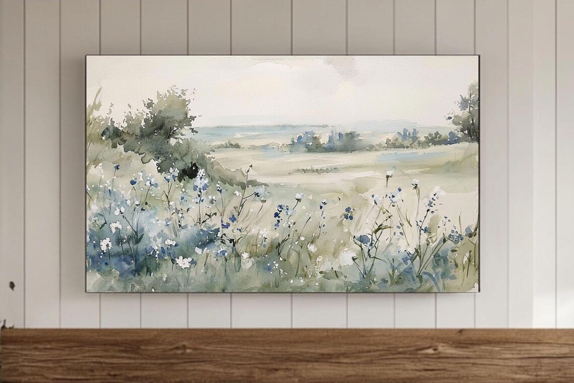 Blue Wildflower Hills Green Meadow Watercolor Painting Poster