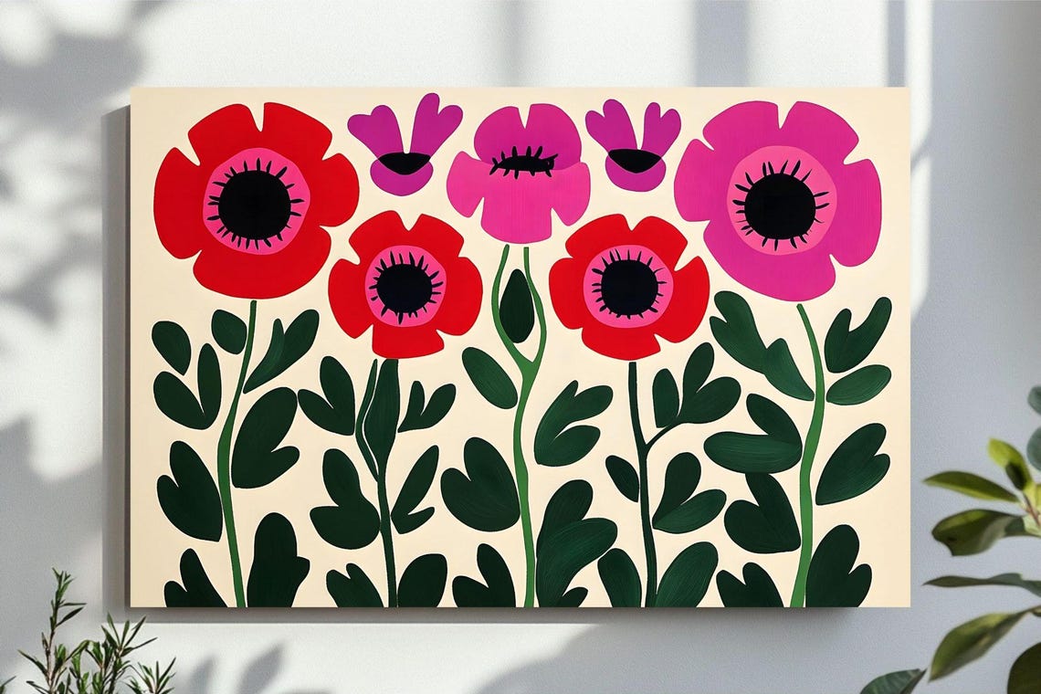 Vibrant Pop Art Floral Blooms in Red and Pink Modern Art Poster
