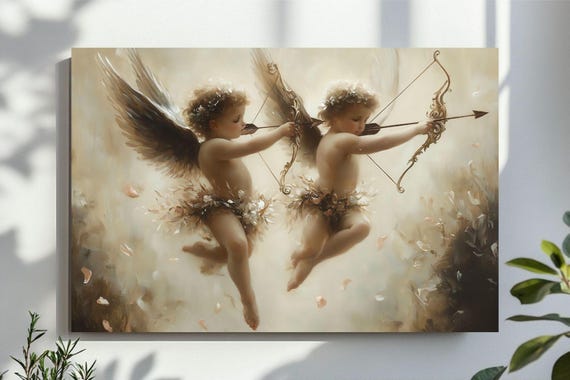 Muted Victorian Cupids Art Print Valentines Wall Vintage Angel Nursery Decor Neutral Tone Artwork