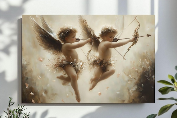Two Flying Cupids With Bows and Arrows Romantic Angel Art Poster