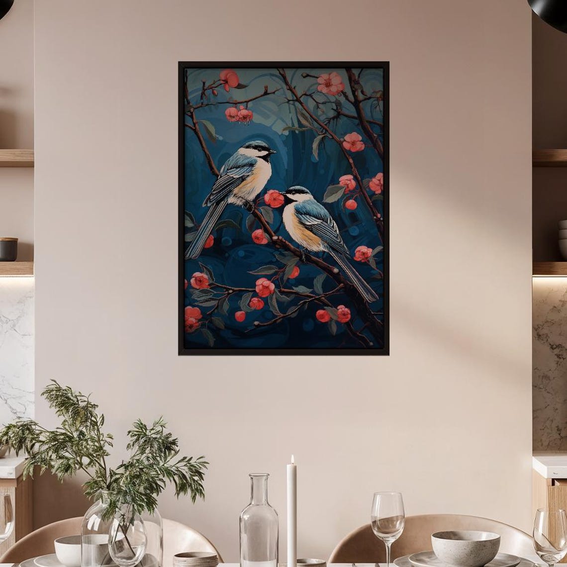 Two Chickadees on Blossom Branch Poster With Deep Teal Background