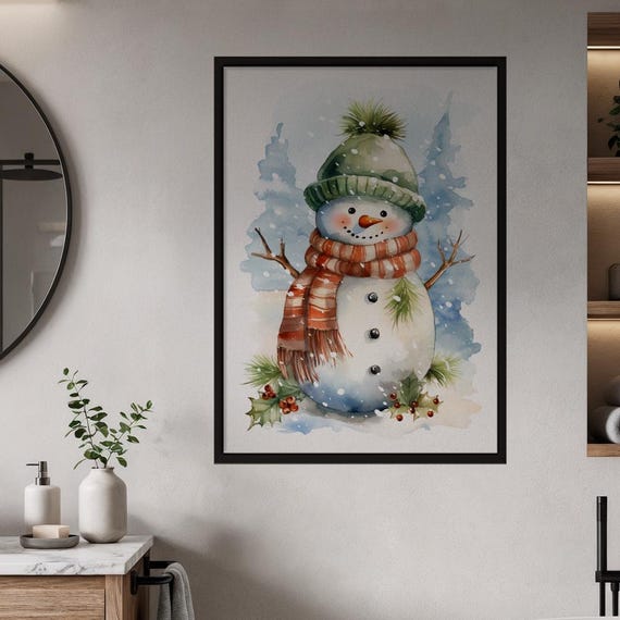 Charming Watercolor Snowman Poster Cozy Winter Wonderland Wall Art Print Festive Christmas Holiday Home Decor Kids Room Nursery