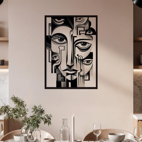 Abstract Cubist Face Art Poster Black White Grey Modern Wall Decor Introspective Fragmented Portrait Print For Home Gallery Office
