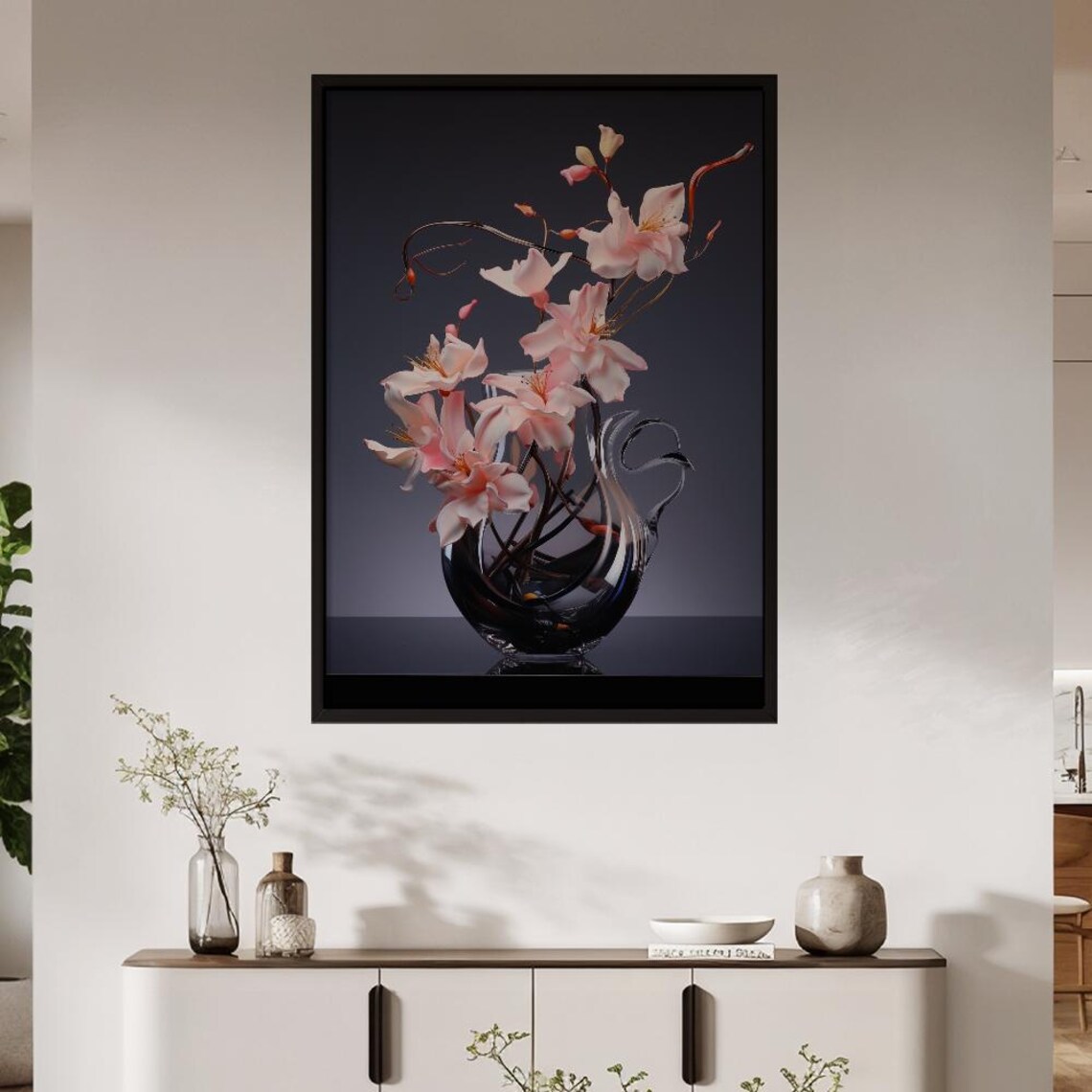 Blush Pink Lily Floral Sculptural Glass Vase Dark Elegant Wall Poster