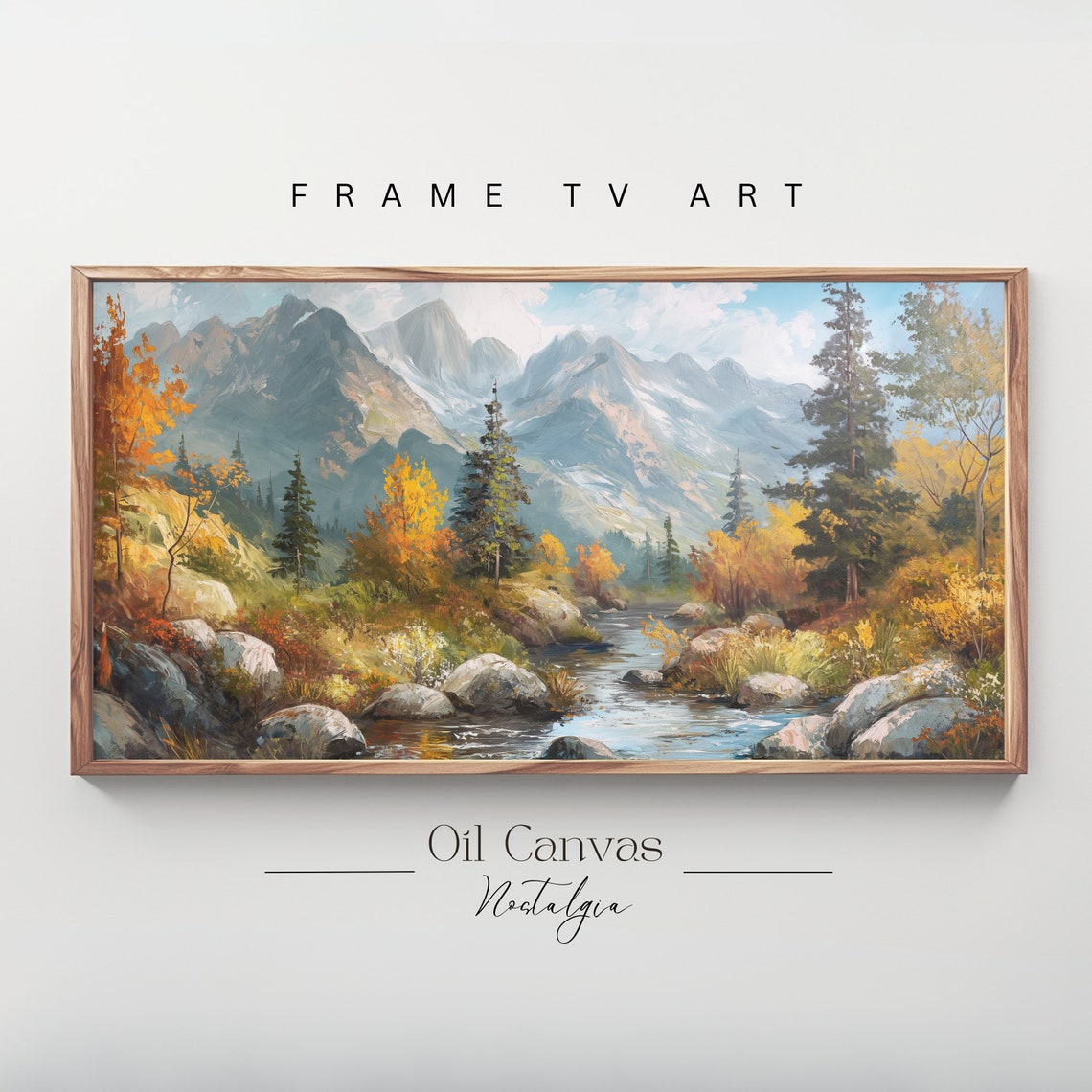 Mountain Landscape Frame Tv Art Moody Oil Painting Neutral Colours Rustic Scenery Farmhouse Decor