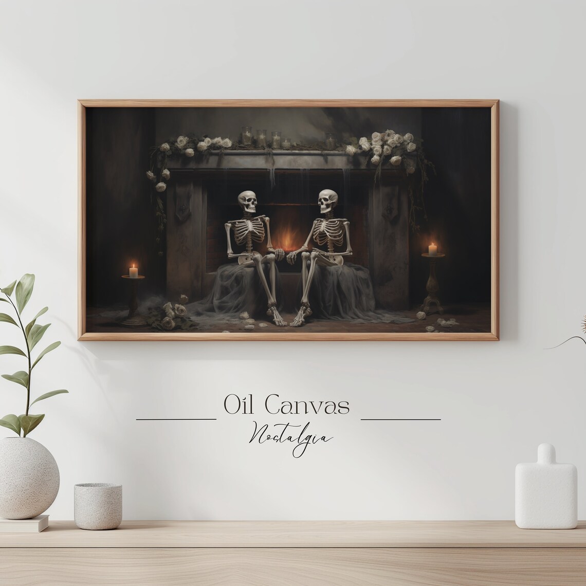 Skeleton Couple Fireplace White Roses Candles Gothic Romantic Halloween Poster - Image 3