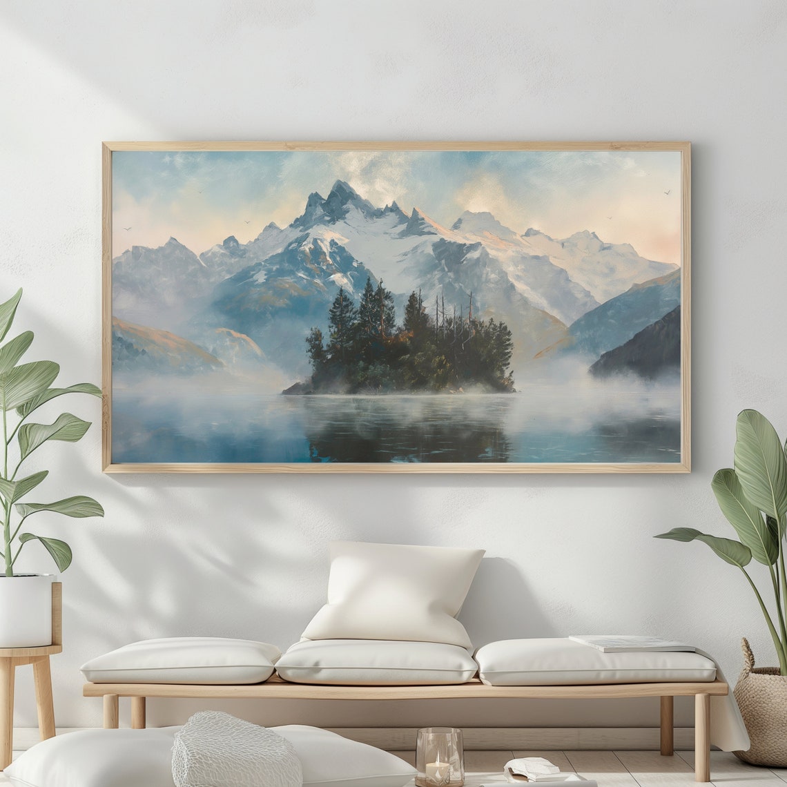 Misty Mountain Lake Pine Island Snow Peaks Sunrise Travel Poster - Image 2