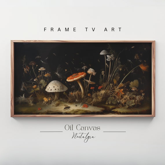 Botanical Mushrooms Frame Tv Art Dark Cottagecore Moody Wall Art Vintage Green Witch Decor Dark Academia Oil Painting