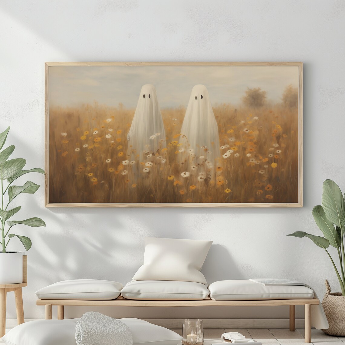 Two Cute Ghosts In Wildflower Meadow Sweet Whimsical Halloween Farmhouse Art Poster - Image 2