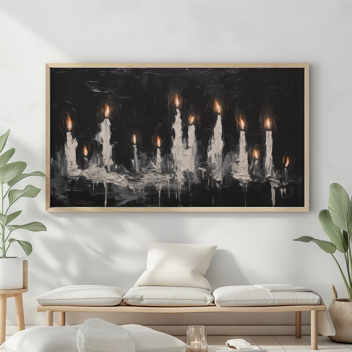 Burning White Candles On Black Background Moody Impasto Spooky Halloween Decor Poster - Image 2