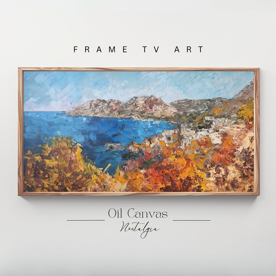 Frame Tv Art Vintage Beach Oil Painting Summer Sea Art Ocean Frame Tv Art Costal Landscape Blue Nautical Seascape