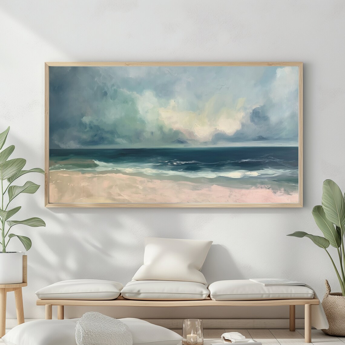 Frame Tv Art Abstract Beach Oil Painting Summer Sea Art Ocean Frame Tv Art Landscape Blue Nautical Seascape - Image 2