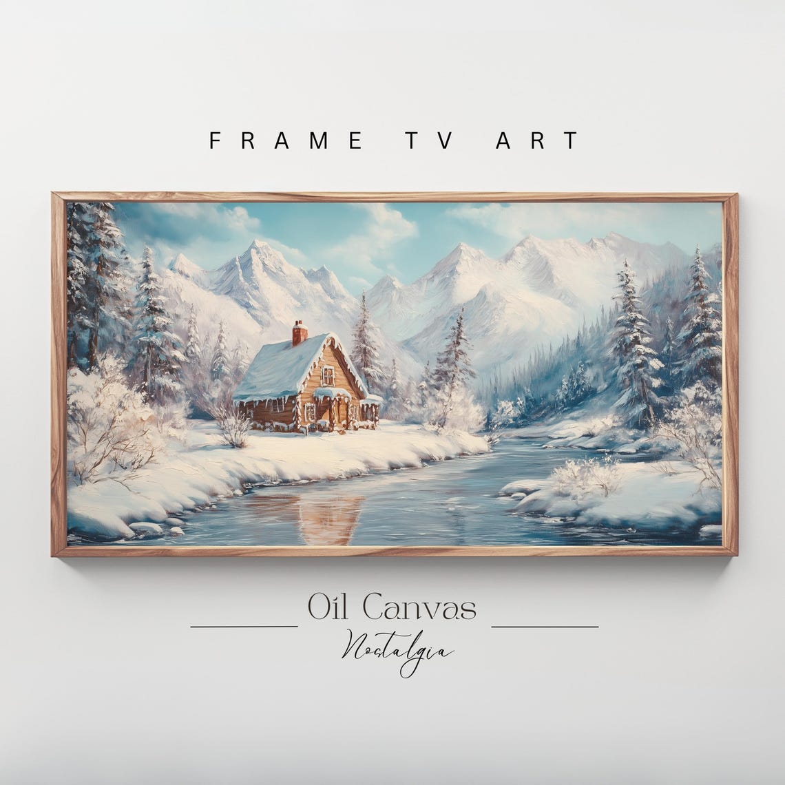 Snowy Winter Cabin River Pine Forest Mountain Landscape Holiday Poster