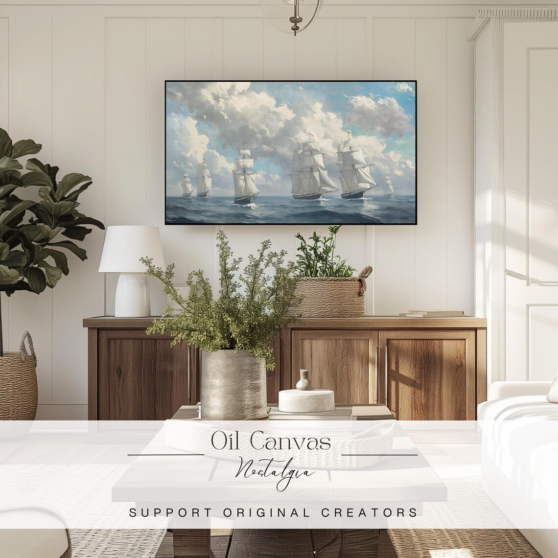 Frame Tv Art Vintage Nautical Oil Painting Summer Sea Art Boat Art Ocean Frame Tv Art Blue Nautical Seascape - Image 3