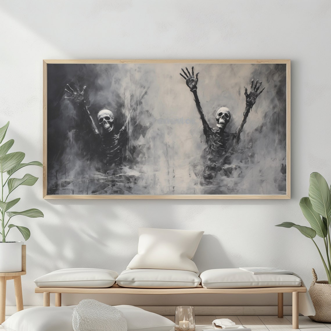 Halloween Frame Tv Art Funny Skeleton Painting Spooky Moody Decor - Image 2