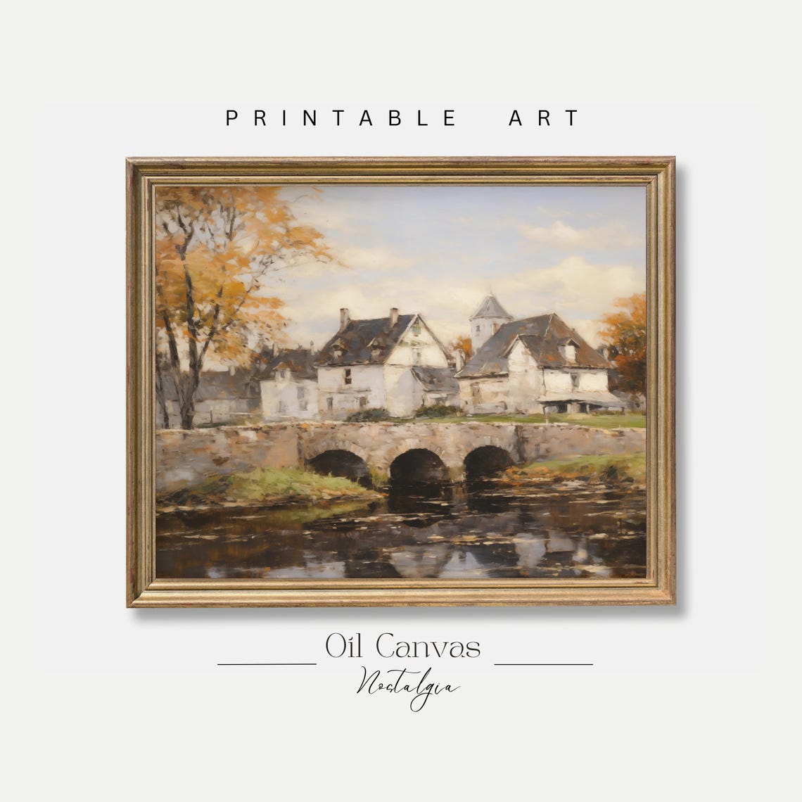 European Village Stone Bridge River Old Cottages Fall Landscape Poster