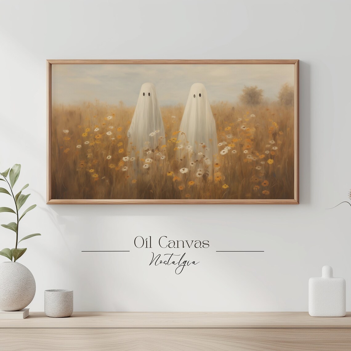 Two Cute Ghosts In Wildflower Meadow Sweet Whimsical Halloween Farmhouse Art Poster - Image 3