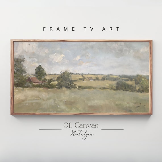 Muted Green Landscape Frame Tv Art Countryside Landscape Soft Tone Field Farmhouse Decor