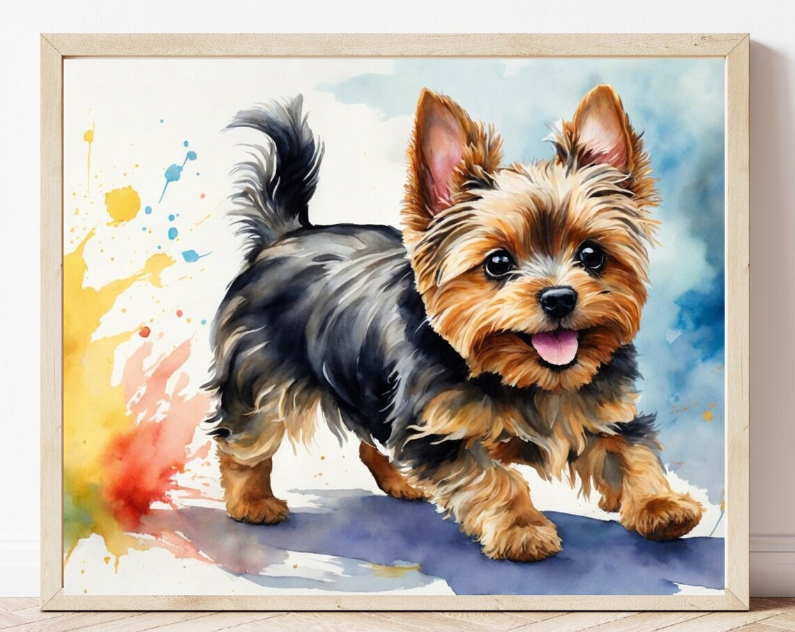Yorkshire Terrier Puppy Running Watercolor Pet Portrait Poster