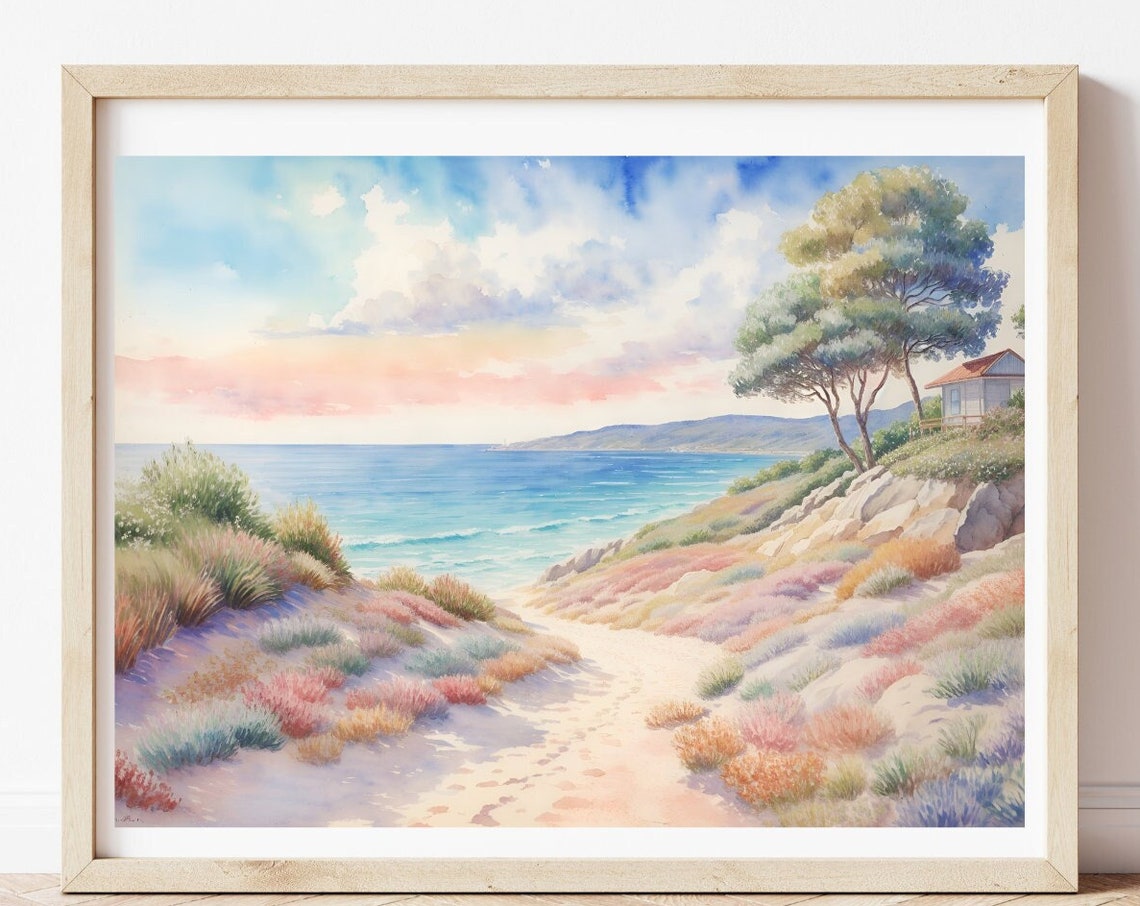 Pastel Beach Path Ocean Watercolor Coastal Landscape Art Poster