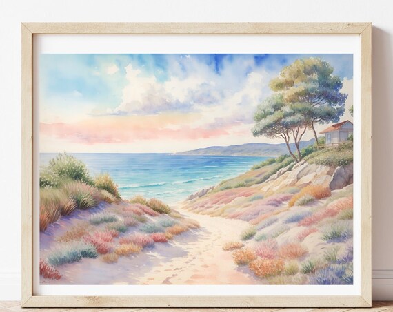 Pastel Beach Path Ocean Watercolor Coastal Landscape Art Poster