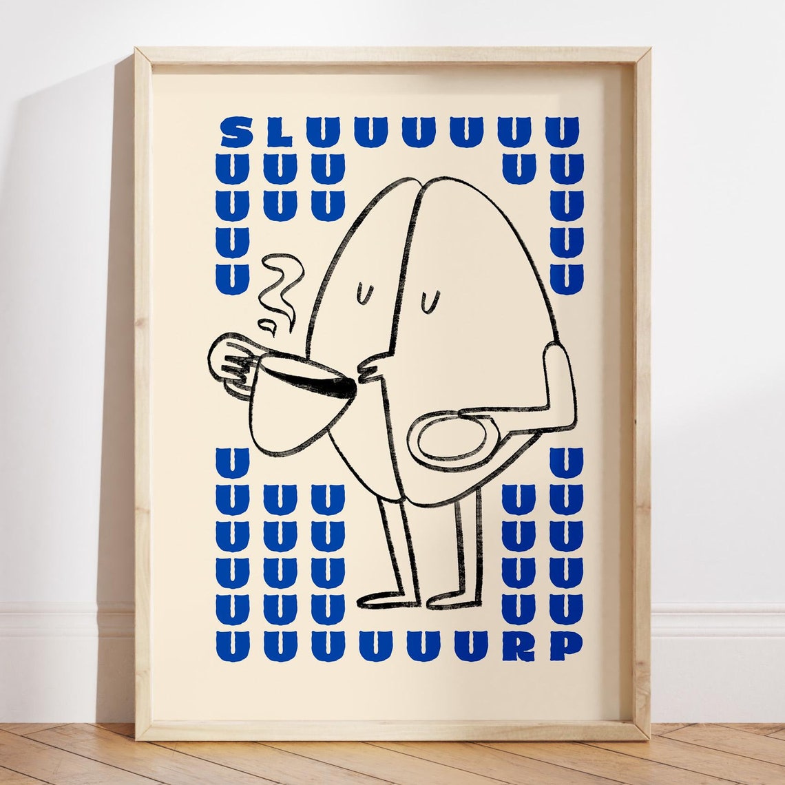 Sluuurp Coffee Bean Character Funny Blue Retro Kitchen Poster