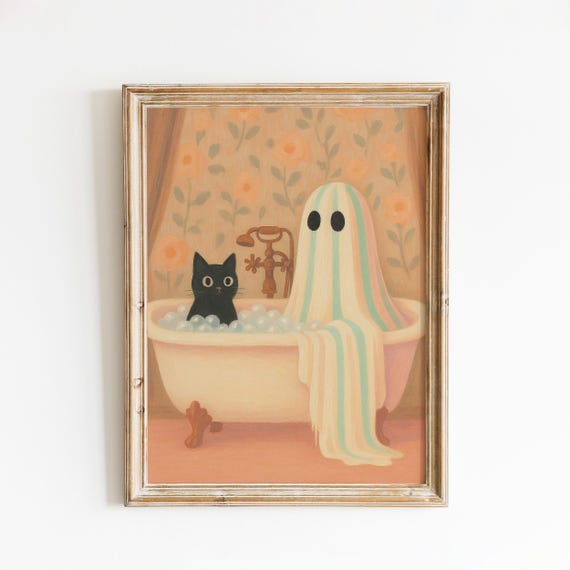 And Cat In Bathtub Cute Spooky Wall Art