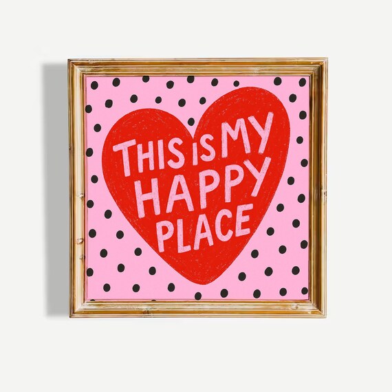 This Is My Happy Place Red Heart Pink Polka Dot Wall Art Decor