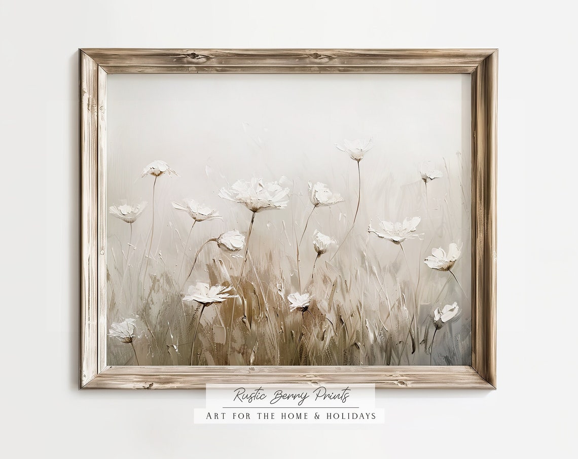 White Cosmos Flowers Tall Stems Beige Neutral Botanical Spring Poster
