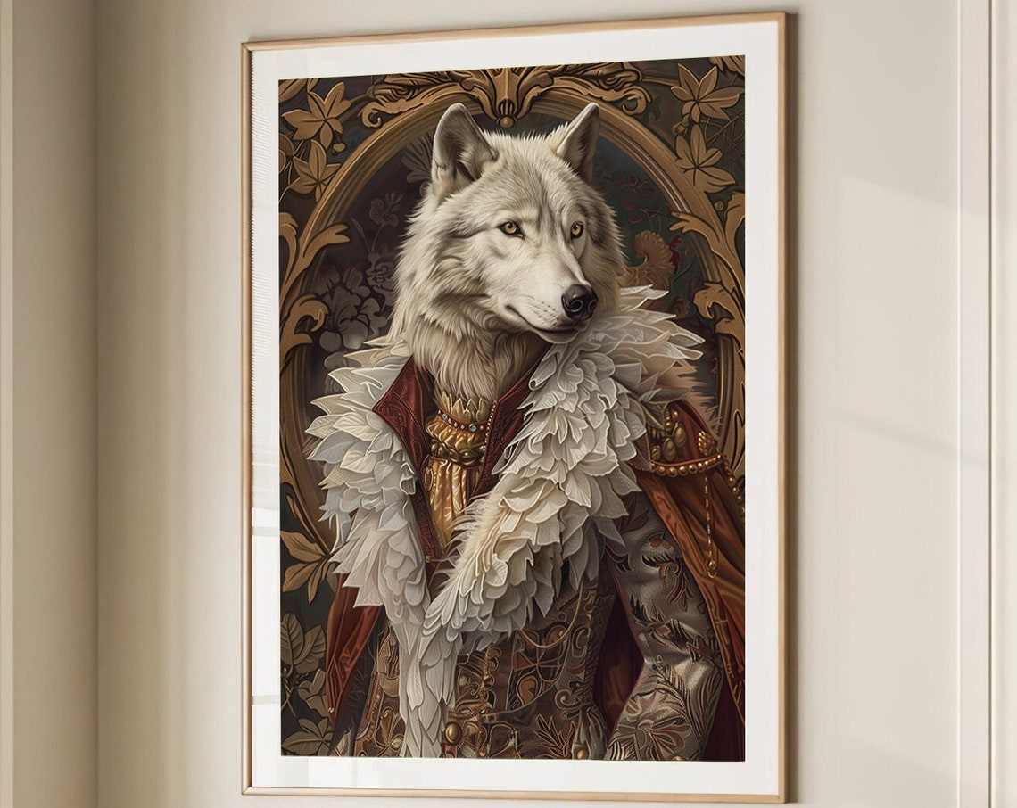 Noble White Wolf Royal Renaissance Aristocrat Portrait Animal Poster